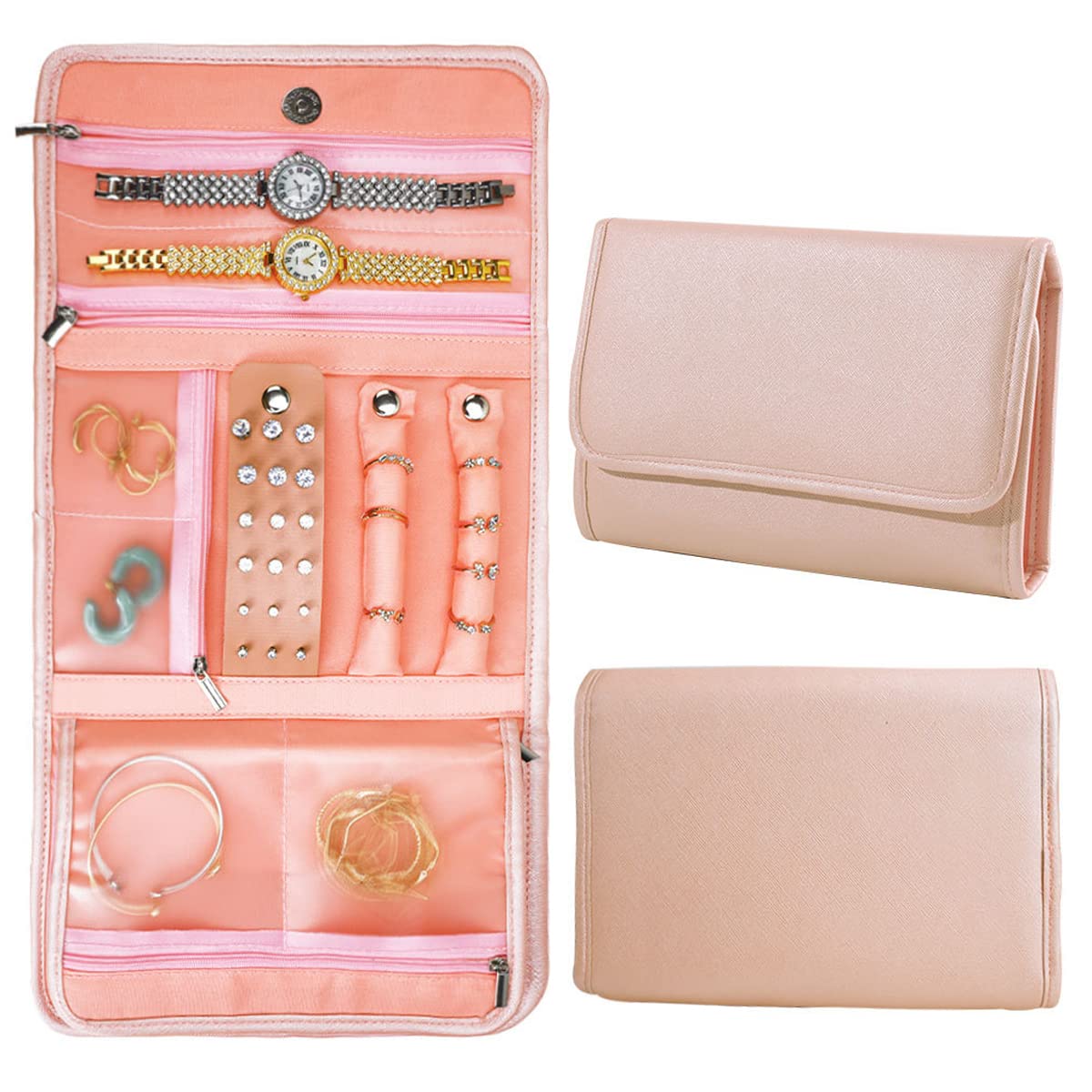 MAYCREATE Travel Jewelry Organizer Roll Foldable Jewelry Roll Bag for Earrings, Necklaces, Rings, Bracelets, Brooches, Pink MAYCREATE Travel Jewelry Organizer Roll Foldable Jewelry Roll Bag for Earrings, Necklaces, Rings, Bracelets, Brooches, Pink